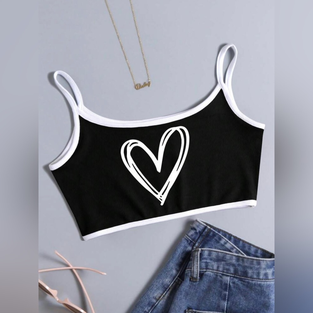 Heart Print Contrast Binding Cami Top.